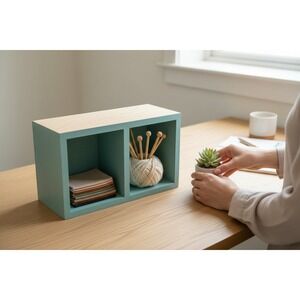 Basketville Wooden Desk Organizer Caddy OS Turquoise Natural Like New 2-Section